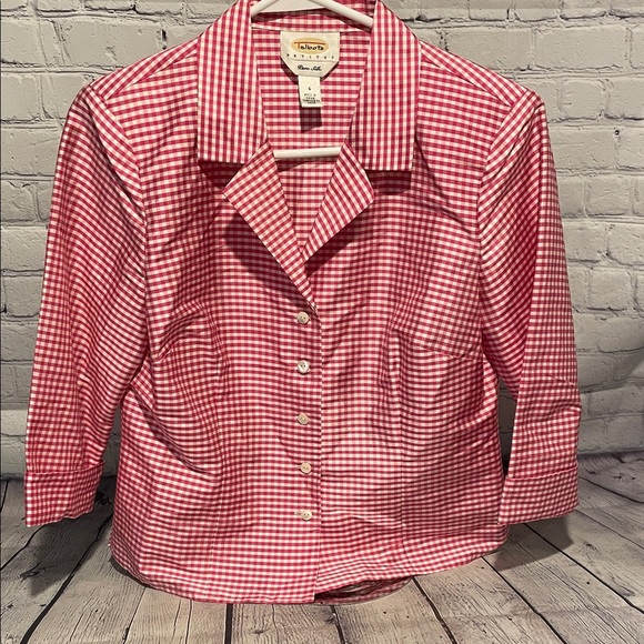 Talbots 100% Silk Red Gingham Button Down Shirt sz4 - Picture 1 of 7